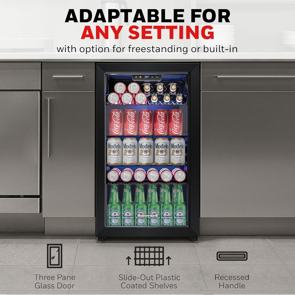 Beverage Refrigerator and Cooler, 116 Can Mini Fridge with Glass Door for Soda Beer or Wine for Office or Bar with