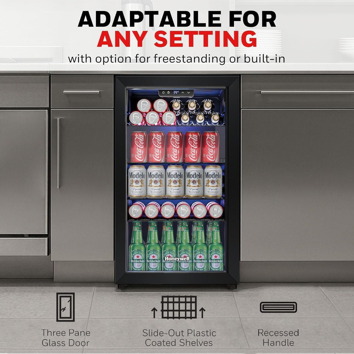 Beverage Refrigerator and Cooler, 116 Can Mini Fridge with Glass Door for Soda Beer or Wine for Office or Bar with