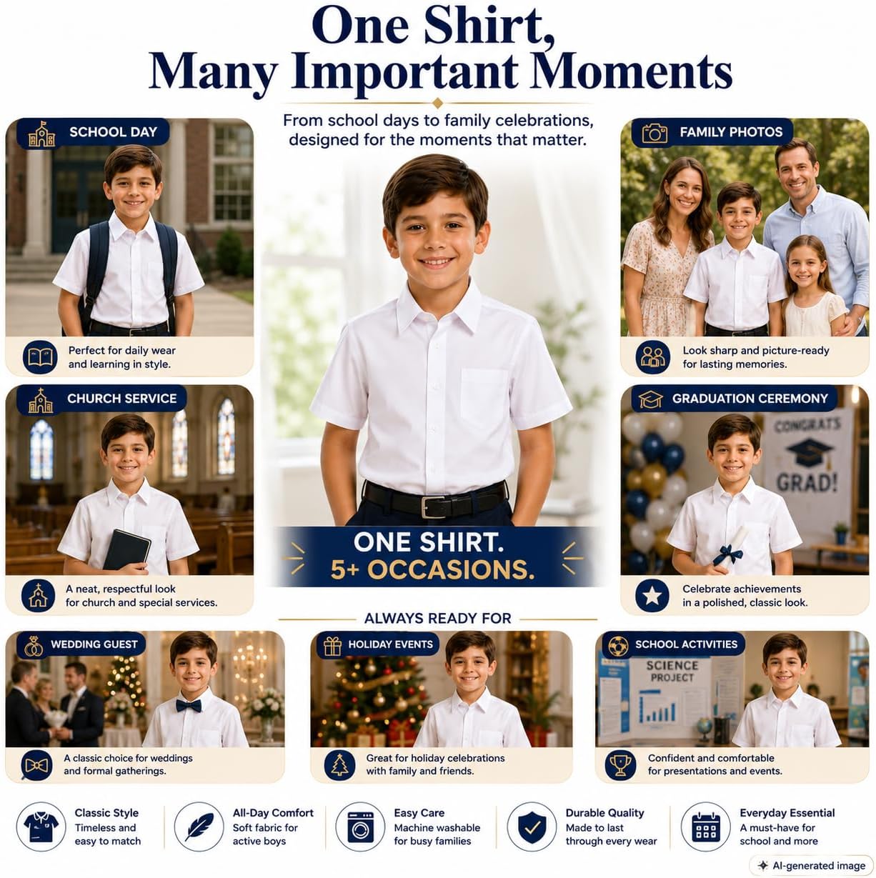 Formal Boys Dress Shirt: Cotton School Uniform 2 Pack White Size 5 | Button Down Short Sleeve Tops - Chest Pocket
