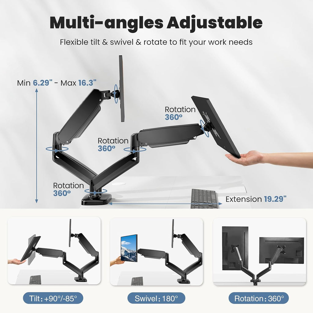 Dual Monitor Stand for Desk, Gas Spring Monitor Arm for 2 Monitors Max 32 Inches, Fully Adjustable Double Mount, VESA
