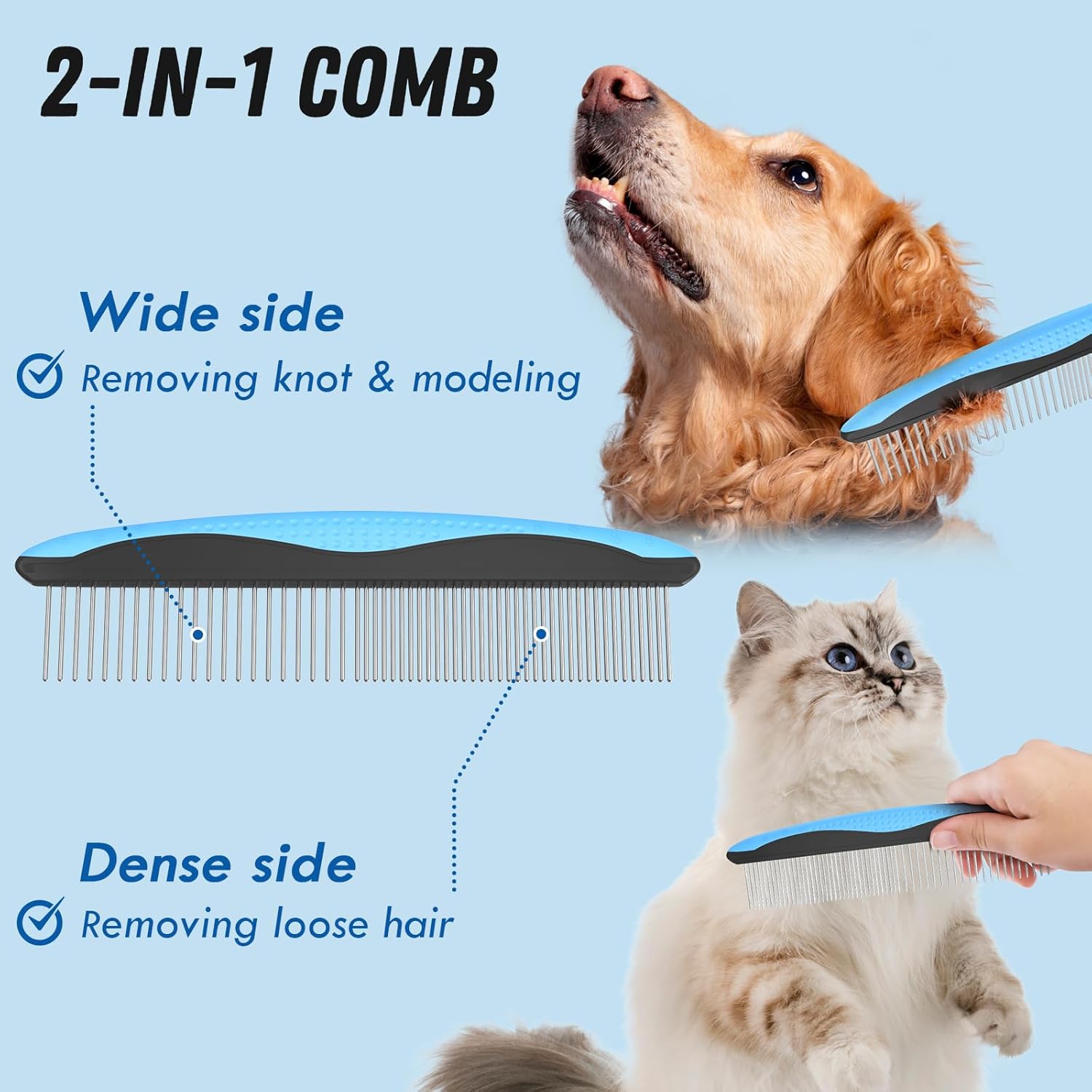 Pet Grooming Combo - Blue Deshedding Brush with Metal Comb for Detangling and Dematting Long, Matted Fur on Cats and