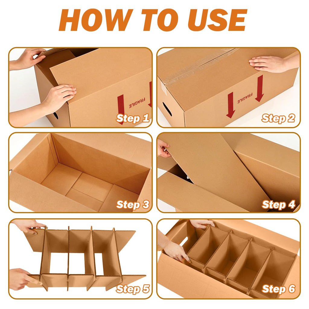 6-Set Dish Packing Kit Includes 24" x 12" x 11" Kitchen Moving Box Kit with Handle Holes, Large Corrugated Boxes with