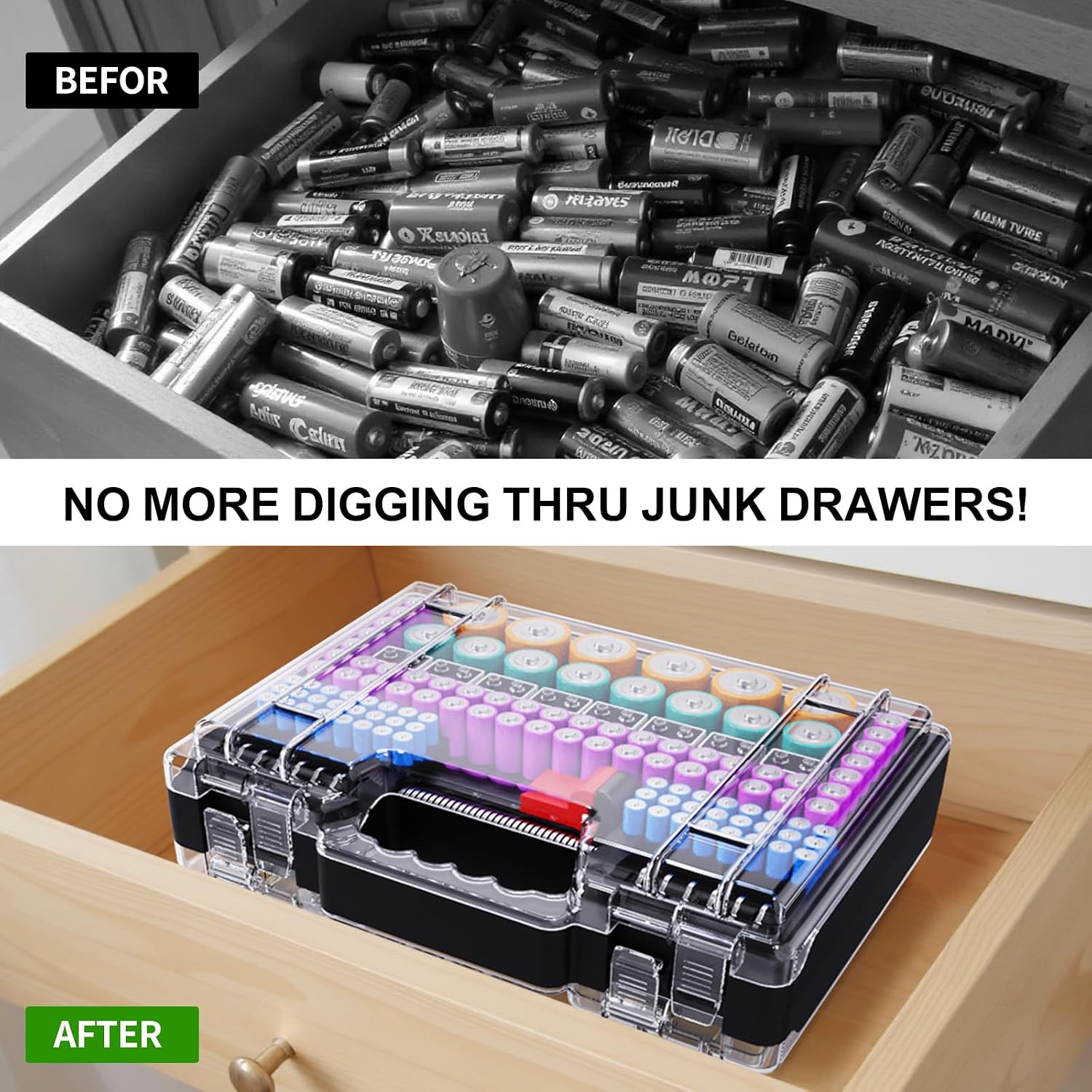 Battery Organizer Storage Case with Tester, Ultra-Large 265+ Double-Sided Batteries Container with Handle, Holds AA