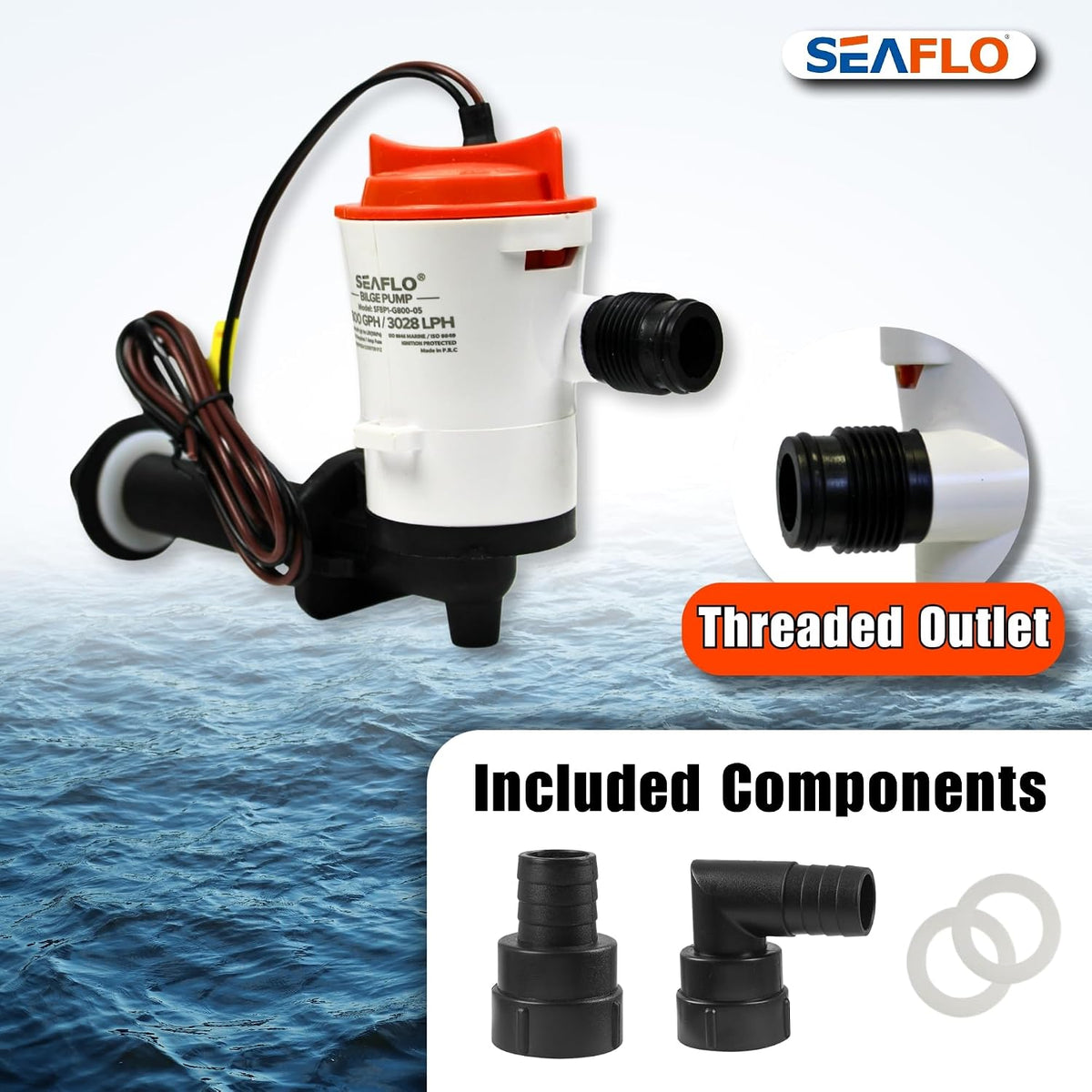 SEAFLO 90 Degree 800GPH 12V 4.0A Livewell Pumps Submersible Baitwell Pump for Bait Tanks