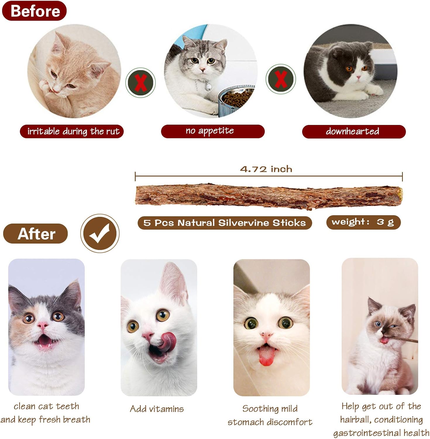 3-Piece Natural Wooden Cat Teaser Wand Toy Kit with 5 Silvervine Sticks and Elastic String Cat Pole Toy with Bell and