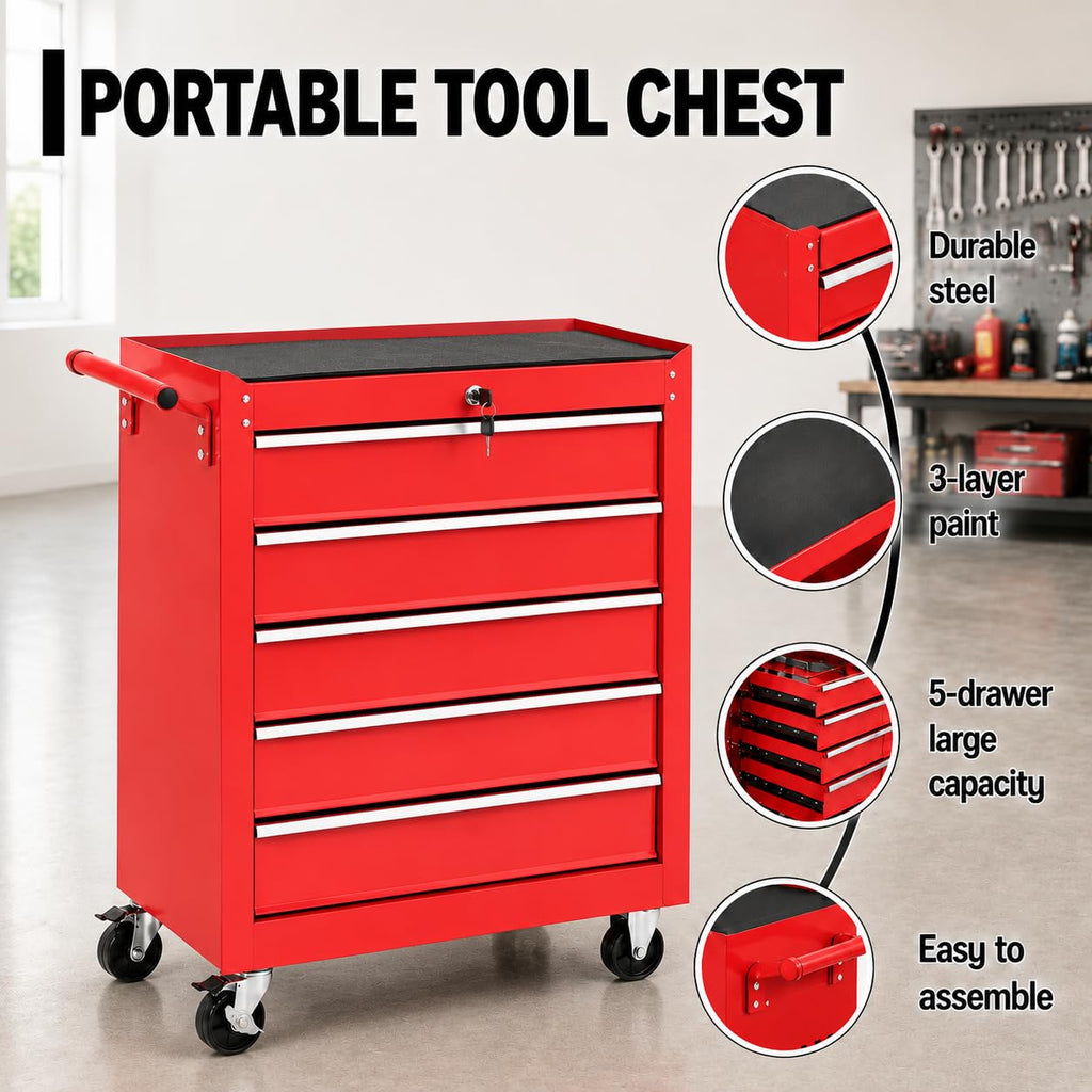 Rolling Tool Chest with Wheels, 5 Drawer Tool Storage Cabinet