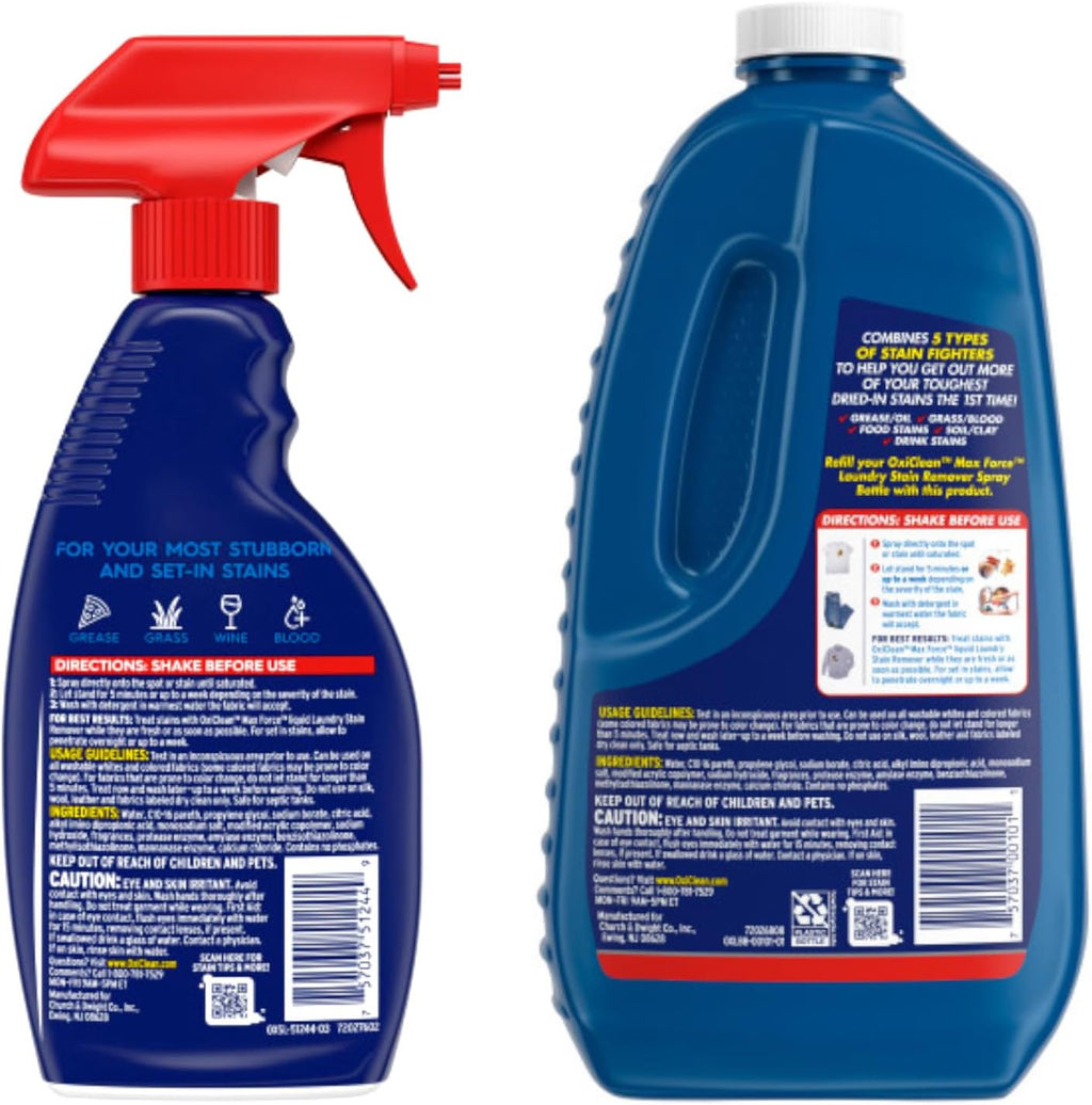 Max Force Laundry Stain Remover Spray, 12 fl oz + 48 Fl Oz Refill Bottle Kit 60 Fl Oz Total