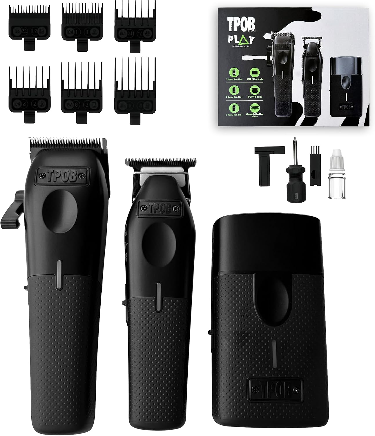 Play Barber Hair Clippers for Men 7500 RPM with Rubber Grips (Blackout 3 Set)