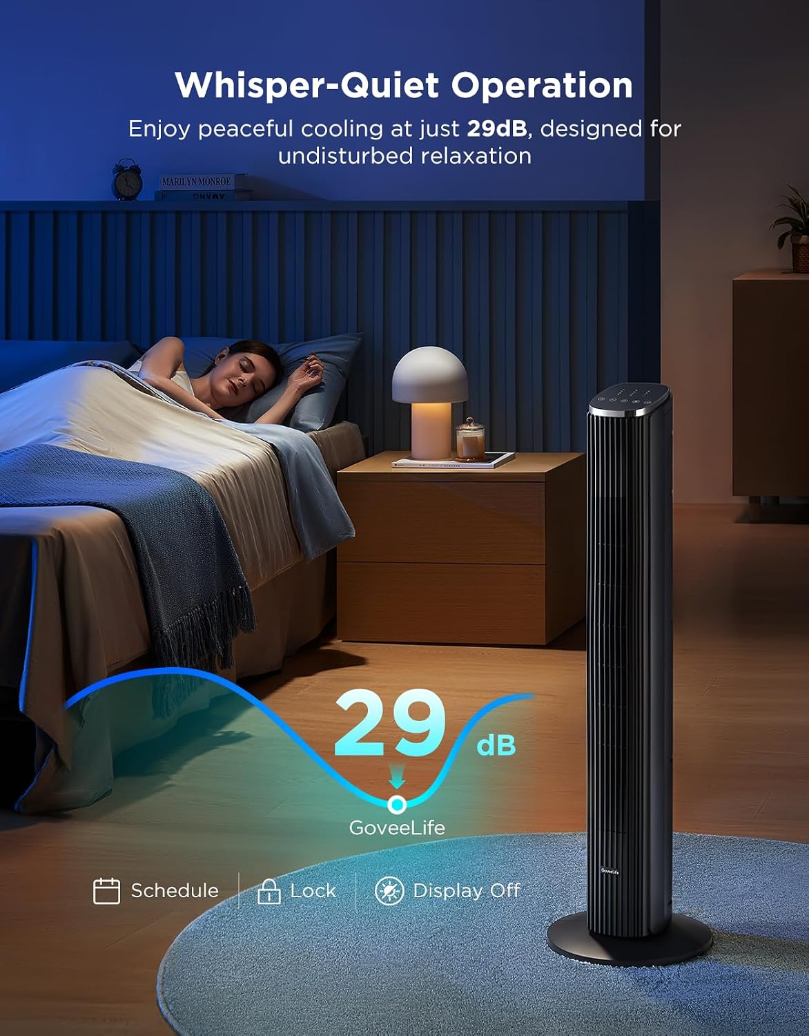 36 in. Black Tower Fan for Bedroom, 5 Modes 8 Speeds up to 25ft/s | Smart Floor Fan with App/Voice Control, Temp