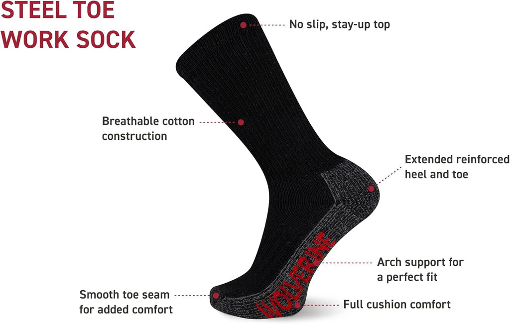 Men's Steel Toe Cotton Work Boot Crew Socks - 2 Pairs - Durable Cushioning