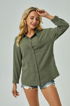 Womens Cotton Button Down Shirt Long Sleeve Casual Blouse with Pocket
