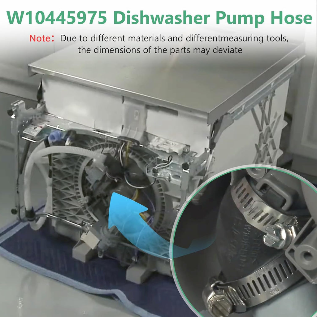 Dishwasher drain hose parts W10445975 Dishwasher Circulation Pump to Sump Hose Compatible with Some Amana, Inglis, Jenn Air, Kenmore, Kitchen Aid, and Whirlpool dishwashers (Includes Two Clamps)