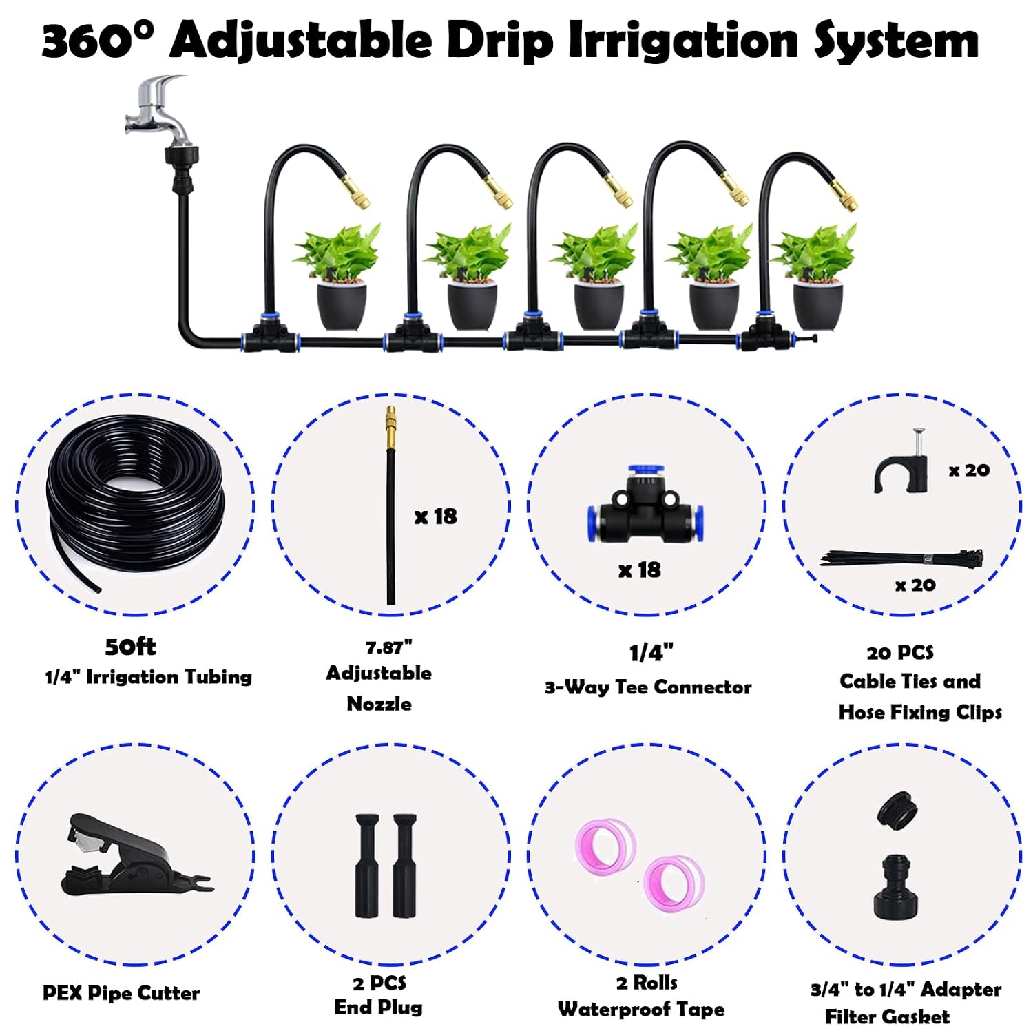 50ft Drip Irrigation System with 18pcs 360° Adjustable Misting Sprinkler Kit, Garden Watering System for Raised Bed