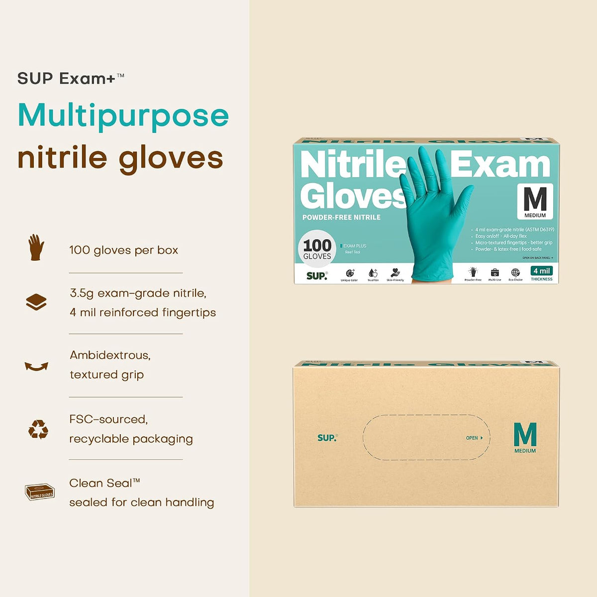 SUP Exam Plus Nitrile Gloves, Powder-Free Disposable, Teal 100 Count