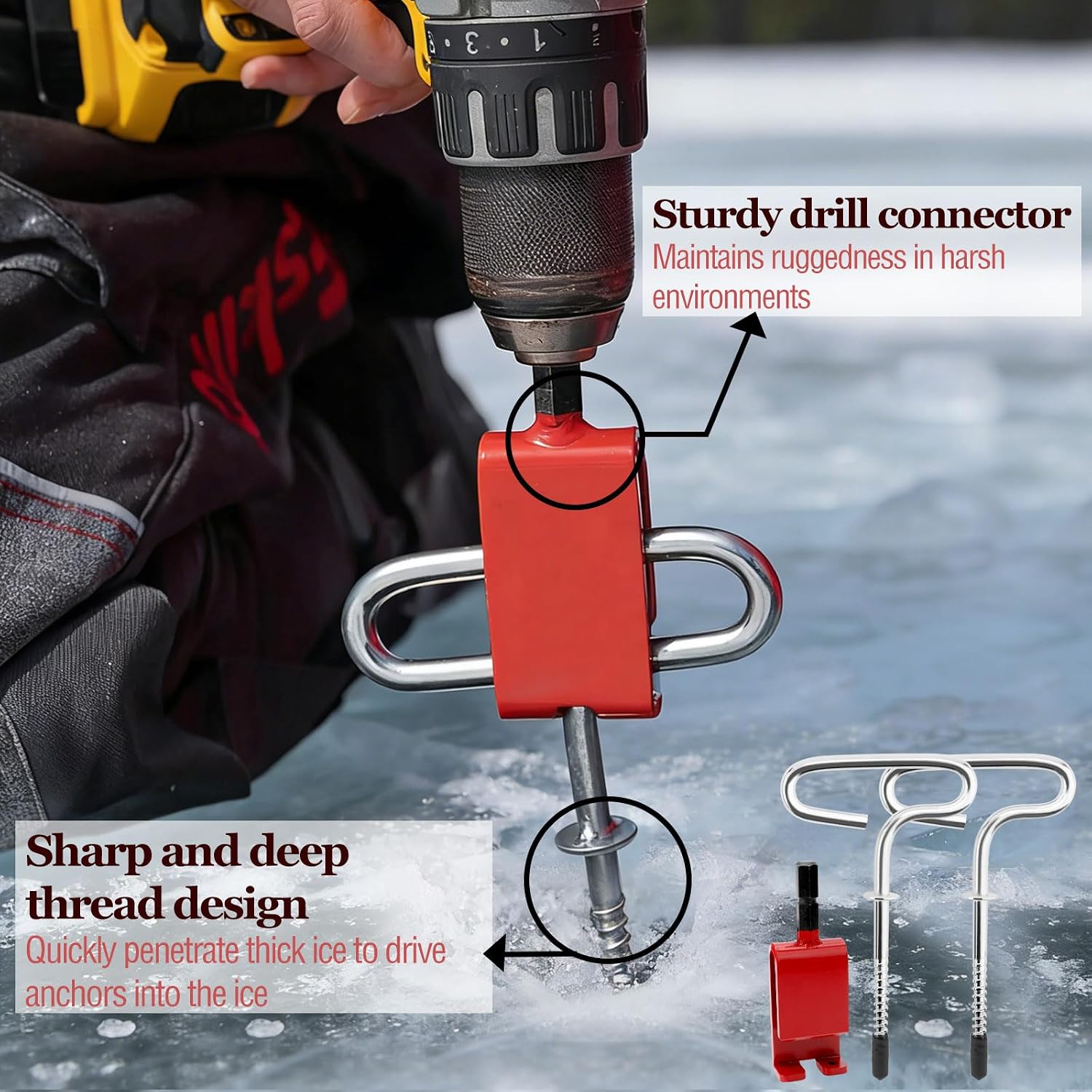 69138 Ice Shelter Anchors and 43416 Anchor Install Adapter | Ice Anchor Tool Kit Compatible with Eskimo ice fishing