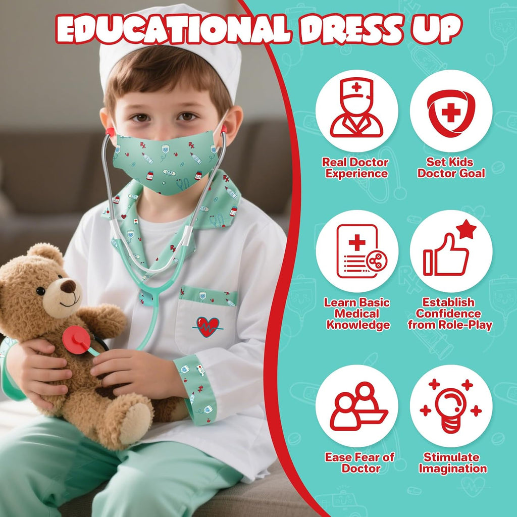 Doctor Costume for Kids, Doctor Dress Up and Play Set 8 PCS with Stethoscope, Role Play Costume for Toddlers 4-6