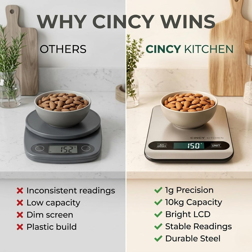 Digital Food Scale, 10kg/22lb Capacity, 1g Precision, 6 Units, Stainless Steel Kitchen Scale with Tare Function