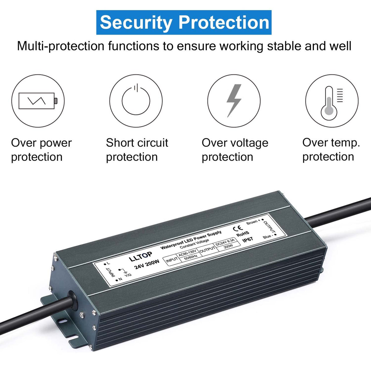 LLTOP 24V DC LED Driver Waterproof IP67 Power Supply 200W 8.3A