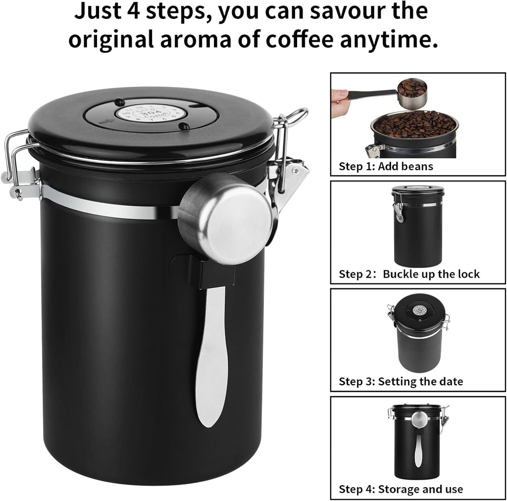 22oz Stainless Steel Airtight Coffee Canister with Date Tracker | Includes Measuring Scoop, Airtight Fresh Sealed
