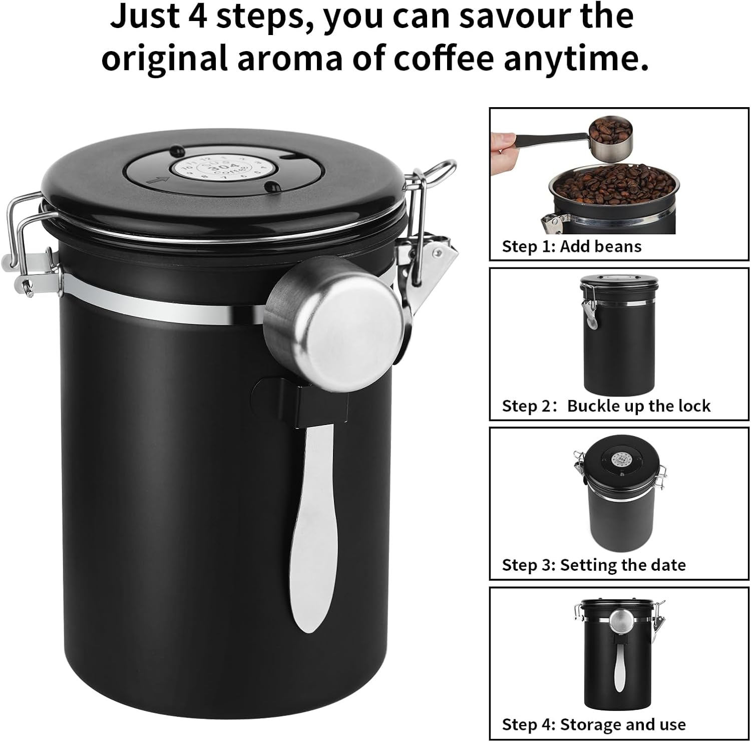 22oz Stainless Steel Airtight Coffee Canister with Date Tracker | Includes Measuring Scoop, Airtight Fresh Sealed