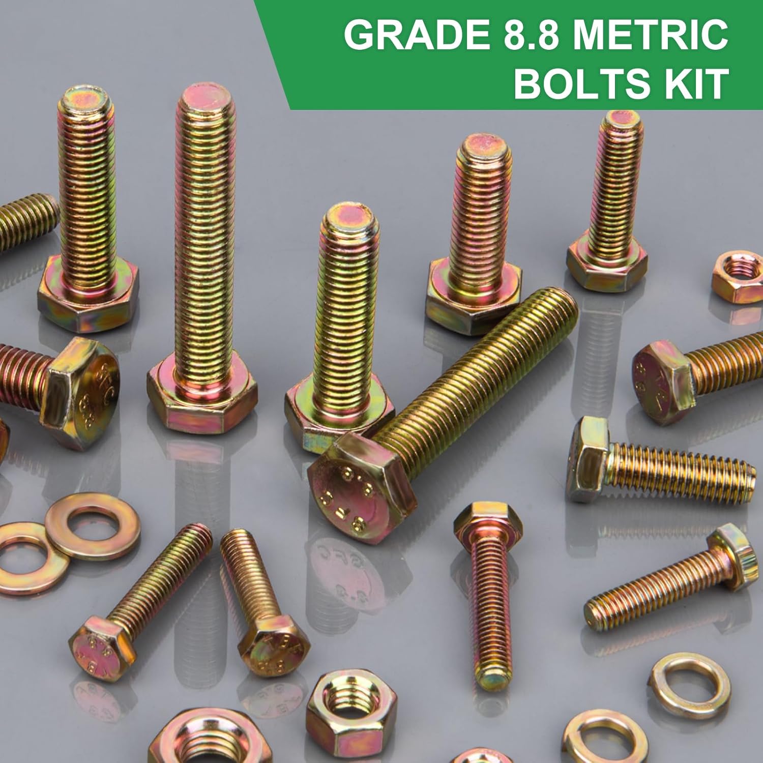 907pcs Grade 8.8 Metric Bolt Assortment, M4 M5 M6 M8 Heavy Duty Bolts and Nuts Kit, Yellow Zinc Plated, Length from