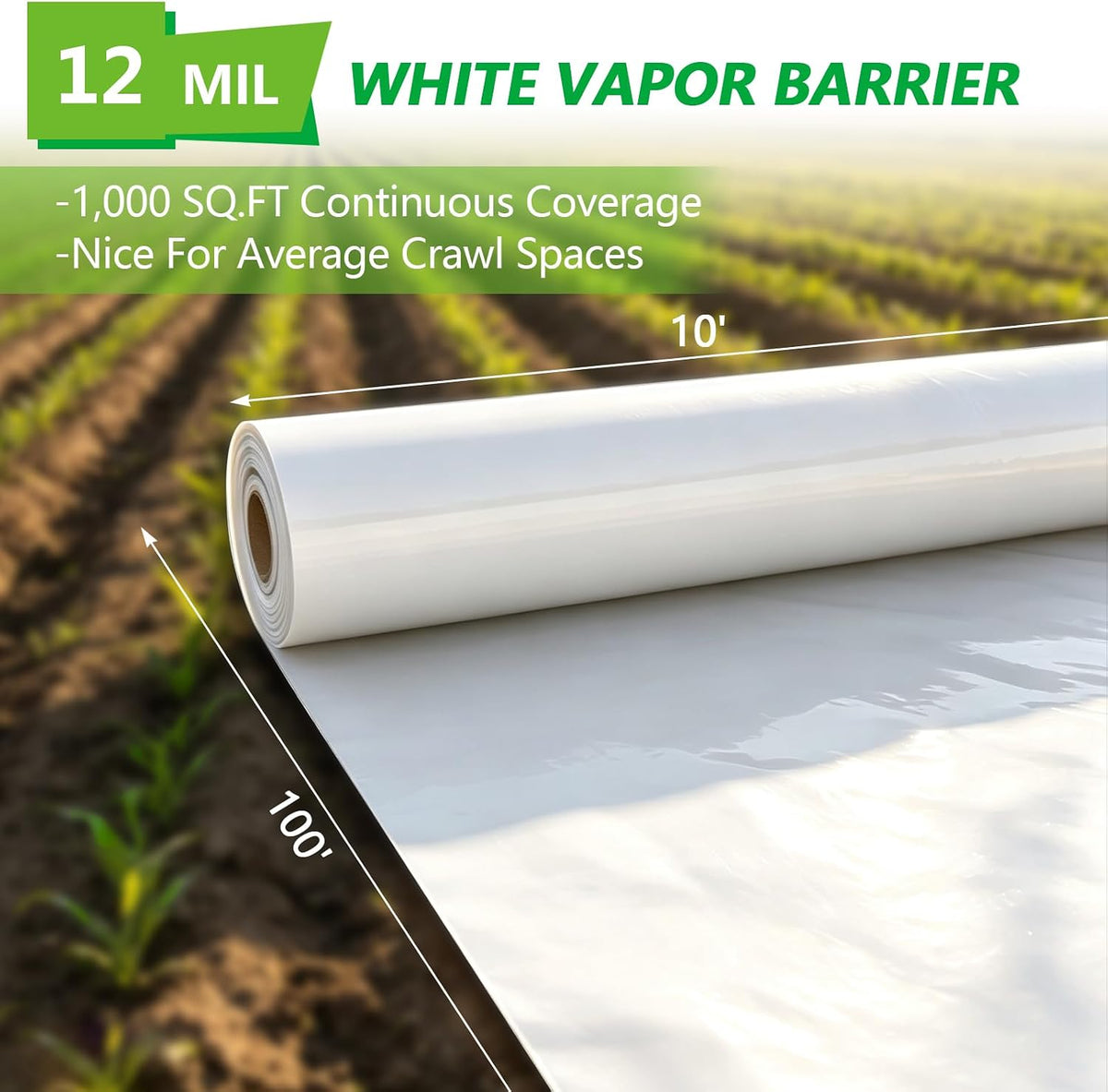 White Crawl Space Vapor Barrier, 10x100FT 12 mil Plastic Sheeting