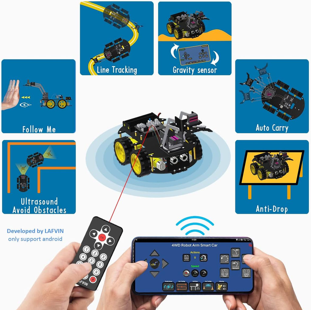 Mechanical 4WD Robot Arm Smart Car Kit - STEM/Graphical Programming Robot Car Compatible with Arduino IDE - Tutorial