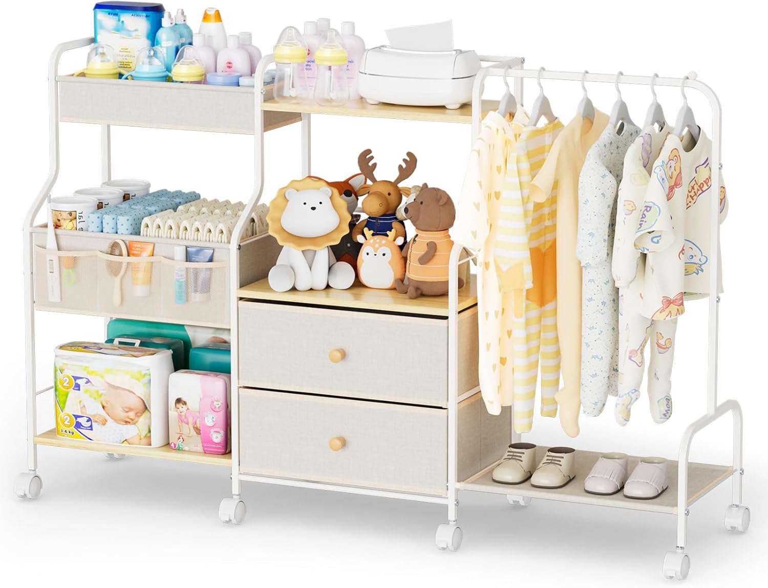 Diaper Caddy Organizer with Hanging Rack - 3 Tier Rolling Utility Cart with Drawers and Dividers for Baby Bottle