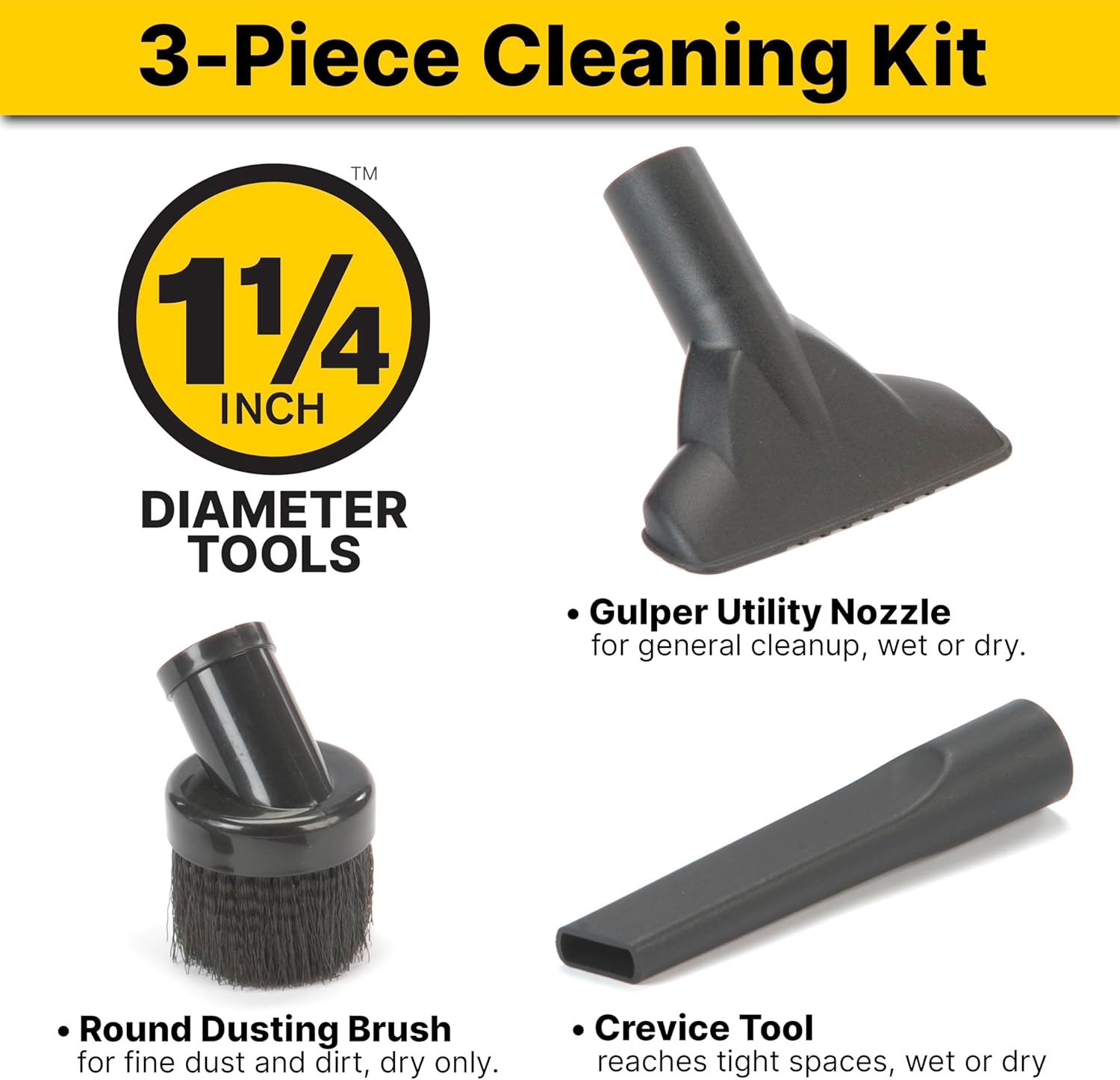 9064300 1.25 Inch Diameter Cleaning Kit, Includes Round Brush, Crevice Tool, and Gulper Nozzle, Black, Ideal for