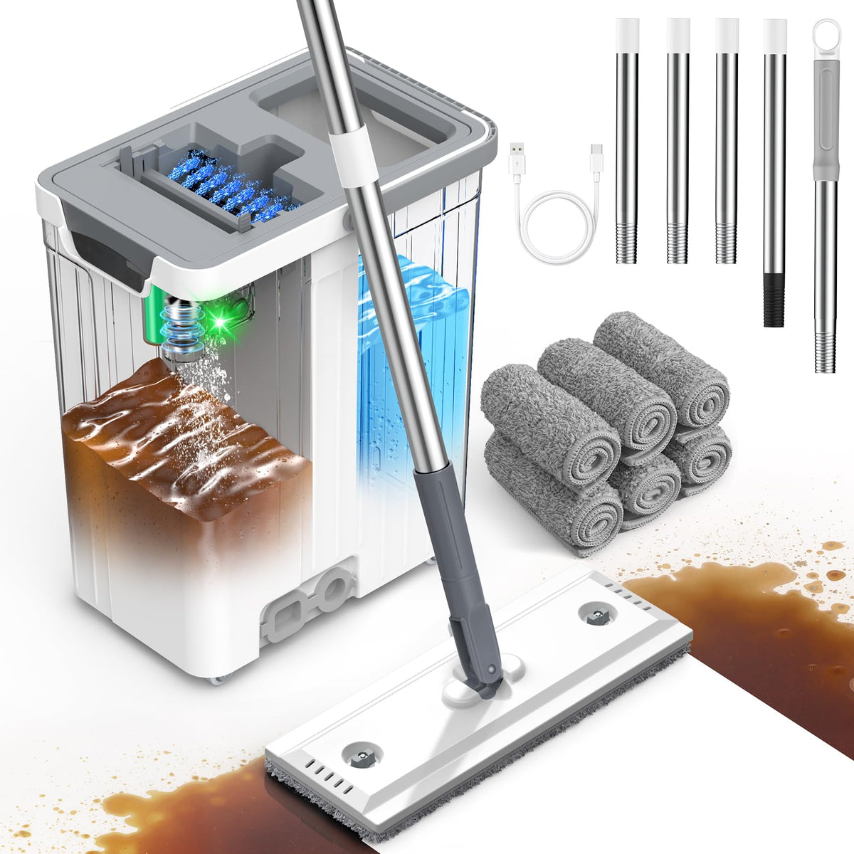 Mop and Bucket Set, Separate Dirty Water &61"Handle Mops for Floor Cleaning
