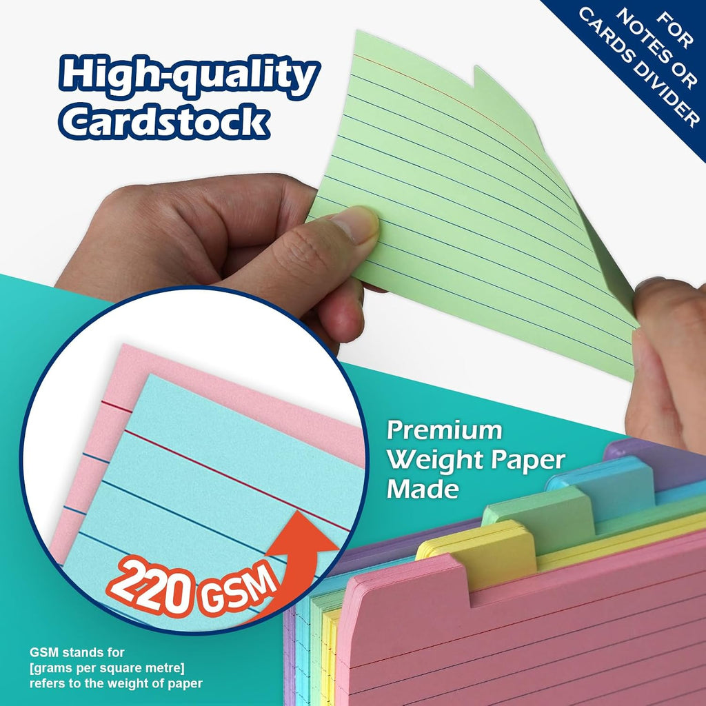 3x5 Tabbed Index Card Dividers with Tabs Blank, Colored, 100 Pack | 3 x 5 Inch, Lined, 220 GSM Thick Paper, Alphabet
