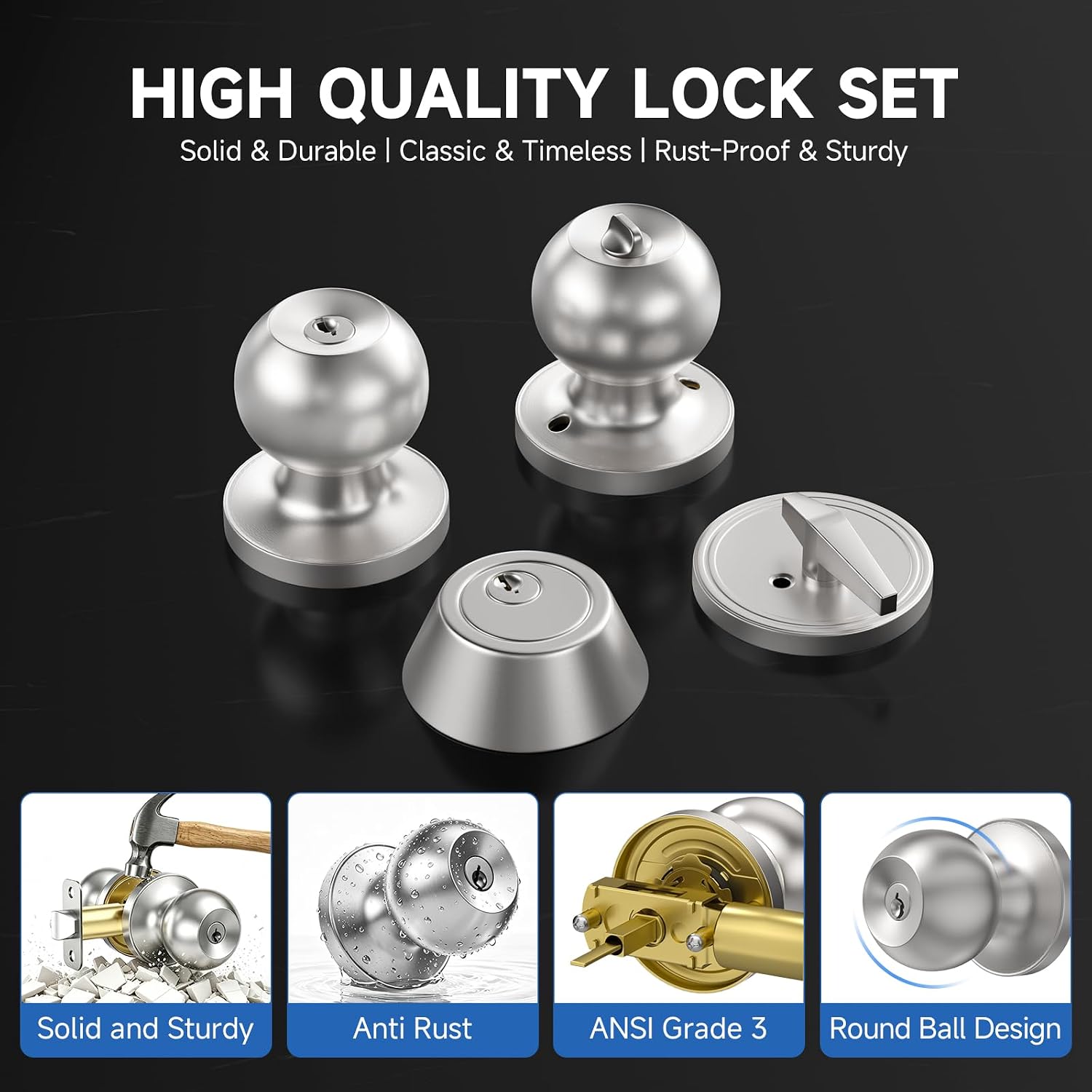 2 Pack Exterior Door Lock Set with Deadbolt Lock, Keyed Alike Satin Nickel Entry Door Knobs and Single Cylinder