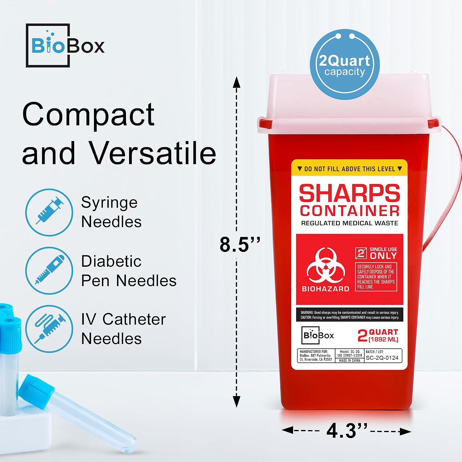 Sharps Container - Small Sharps Containers for Home Use, Travel & Disposal | 2 Quart (Pack of 1), Portable
