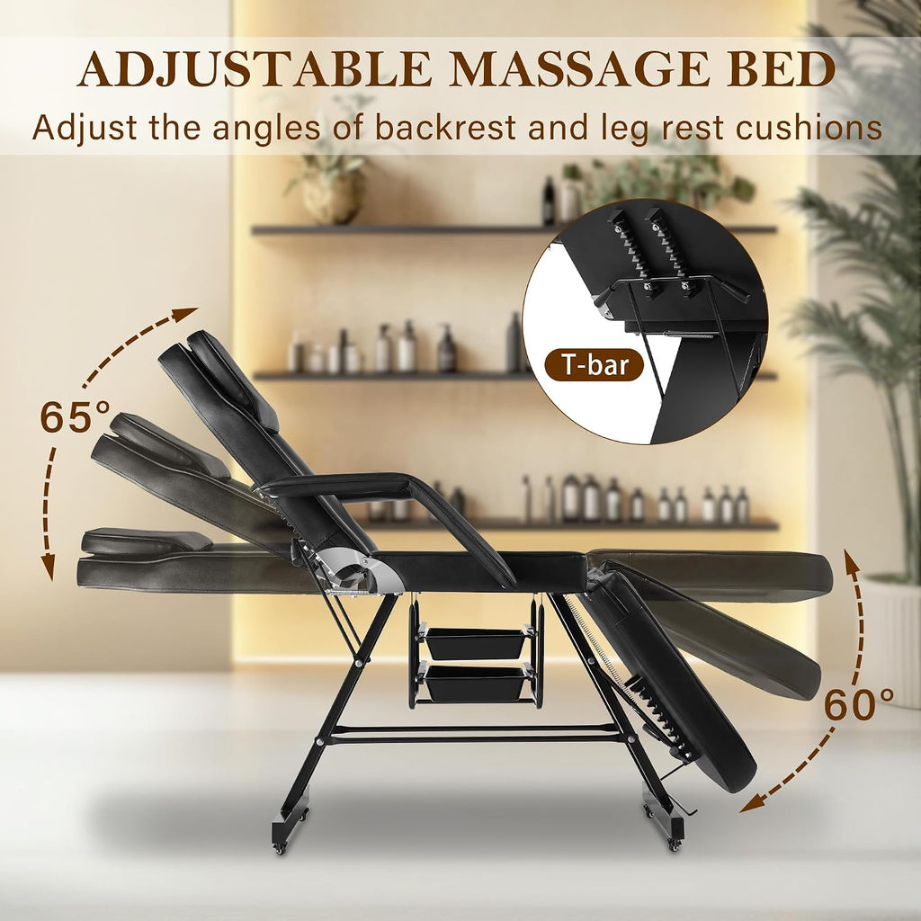 Tattoo Chairs for Client Facial Bed, Black Esthetician Bed with Wheels, Tilting Massage Lash Table for Artist with
