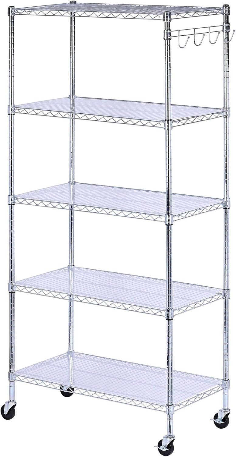 5-Shelf Wire Shelving Kit with Casters and Shelf Liners, 36w X 18d X 72h, Silver