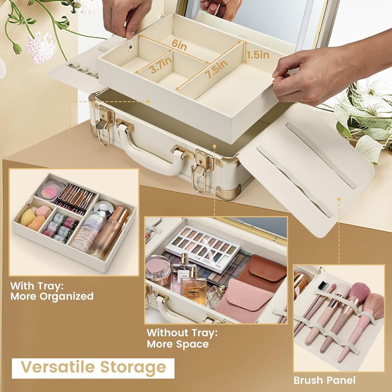 Lighted Makeup Case with Detachable Tray, Beige Vegan Leather Makeup Box Rechargable 3-Color LED Mirror, Travel Train