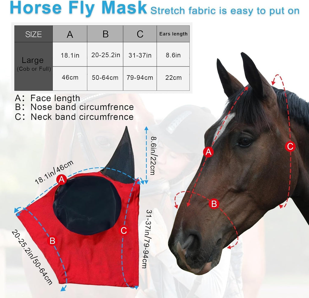3 Pcs Horse Fly Mask - Fly Masks for Horses with Ears, Fashionable and Breathable Stretch Fabric with UV & Sun