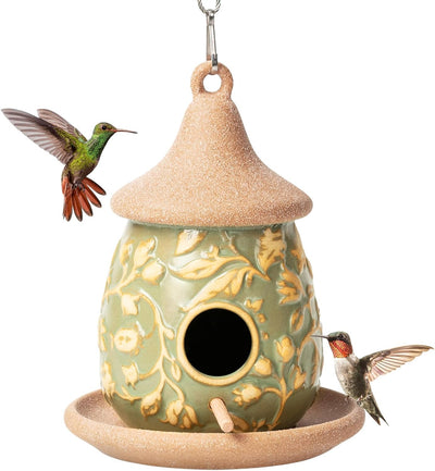 Hanging Bird Houses Ceramic Bird House Feeder with Wooden Pole for Outside Hummingbirds Cardinal Bluebird Nest