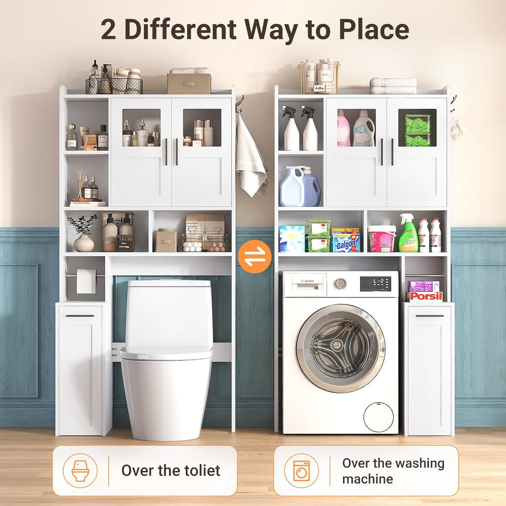 Over The Toilet Storage Cabinet with Glass Doors & Pulley, White | Pull-Out Cabinet, Toilet Paper Holder, Side Hooks