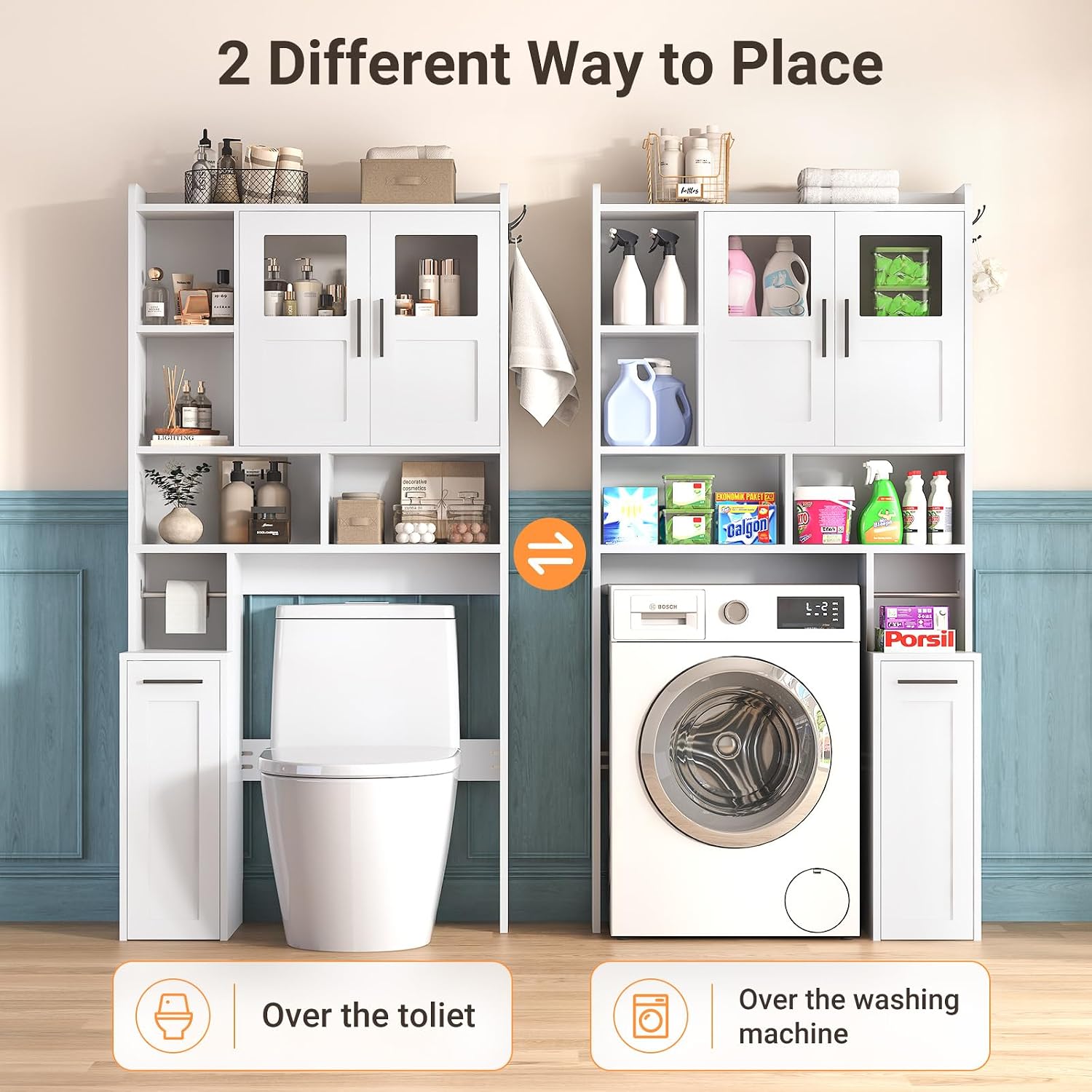 Over The Toilet Storage Cabinet with Glass Doors & Pulley, White | Pull-Out Cabinet, Toilet Paper Holder, Side Hooks