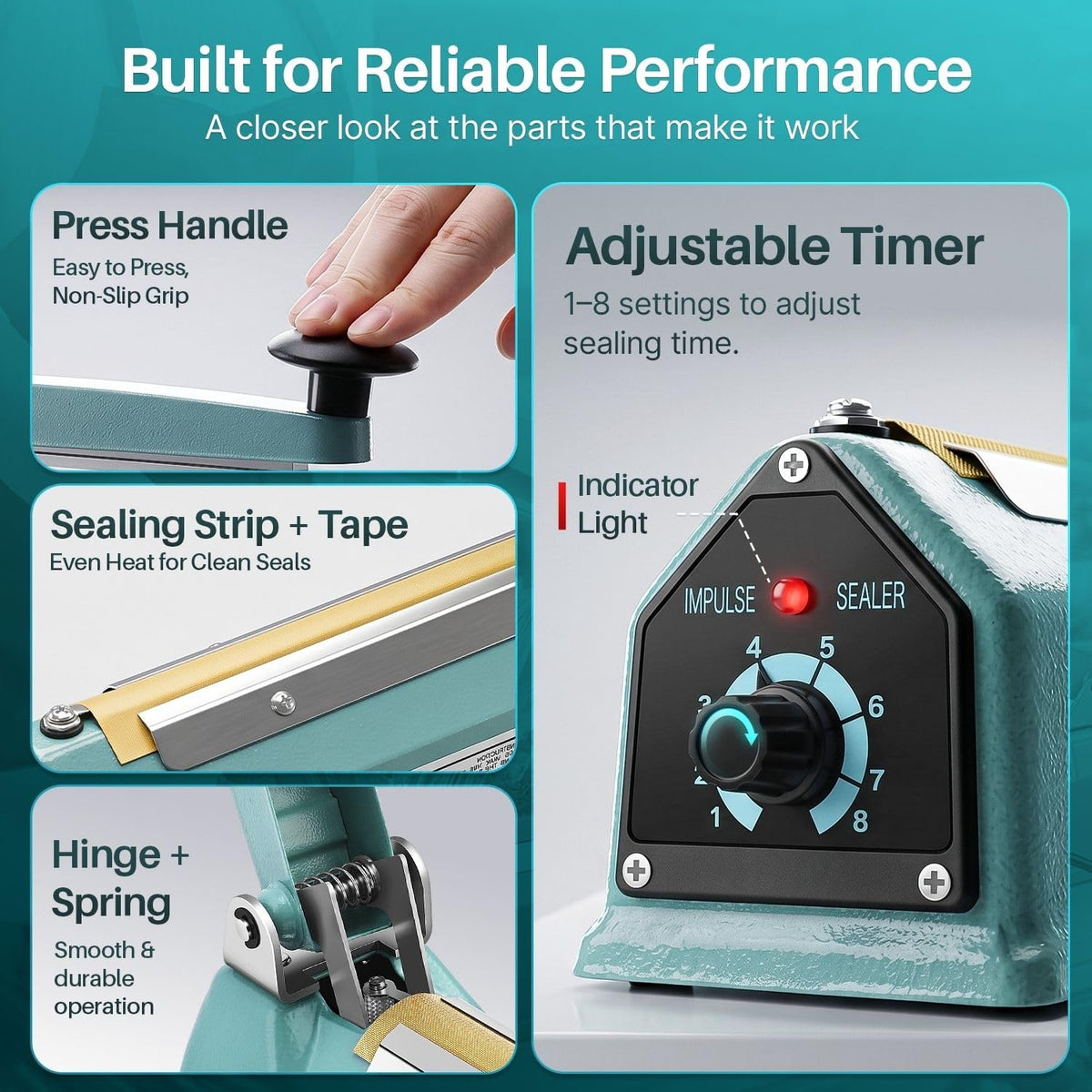 Impulse Sealer for Plastic Bags, 8 Inch, 300W, Adjustable Timer