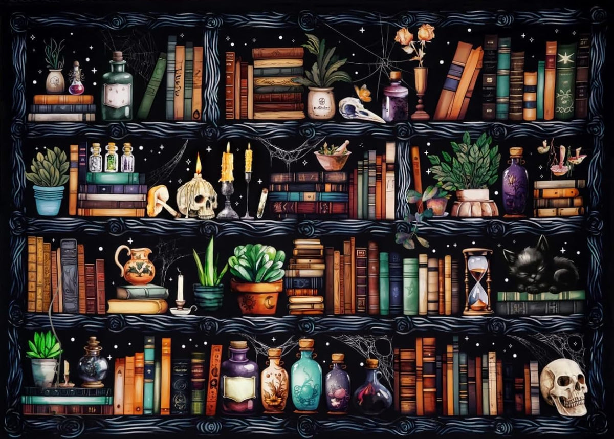 Bookshelf Stamped Cross Stitch Kits for Beginners Adults | Magical Book Counted Cross Stitch Kits Skull Needlepoint