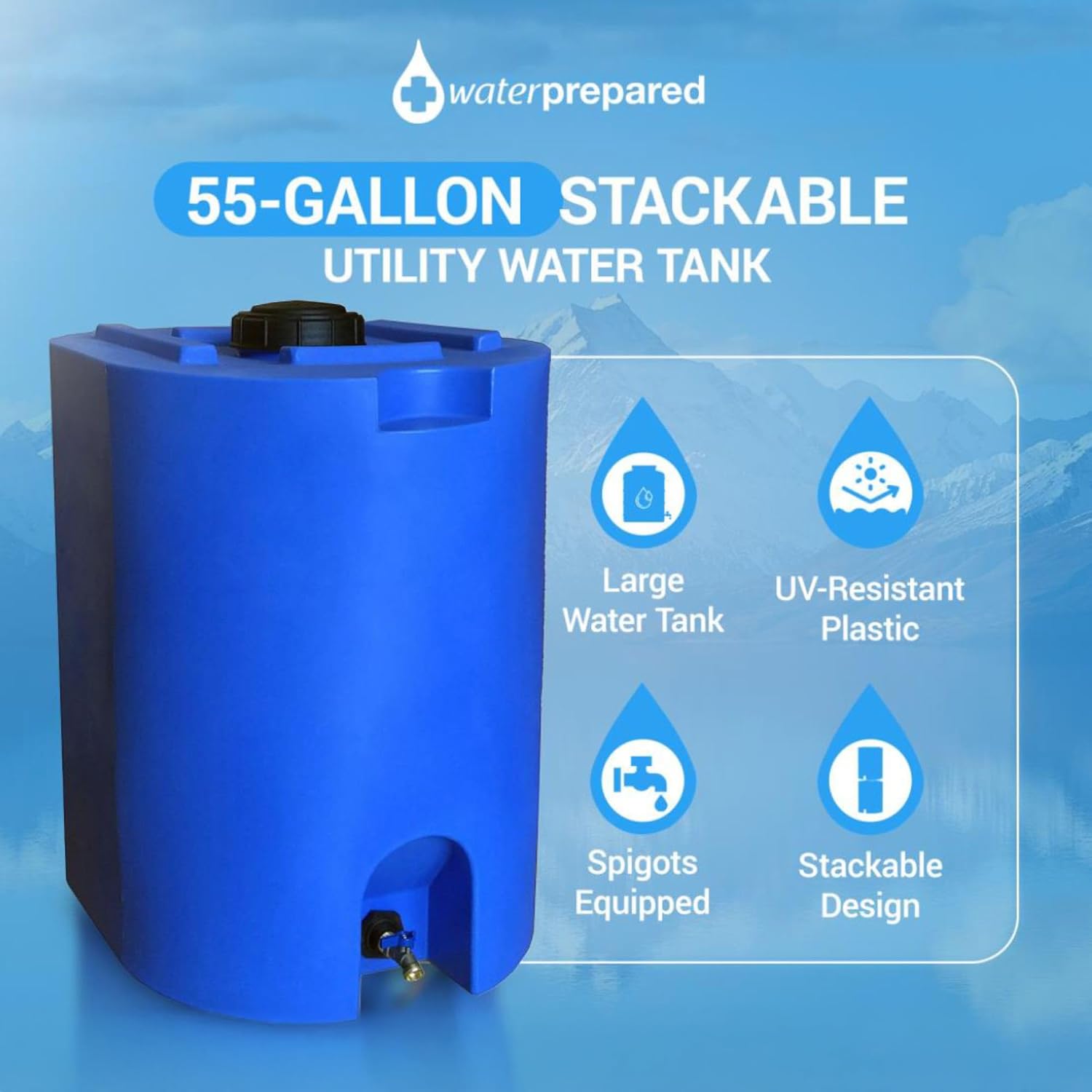 55 Gallon Unique Stackable Utility Water Tank, Blue | Emergency Water Storage Tank with Large Cap and Spigot for Easy