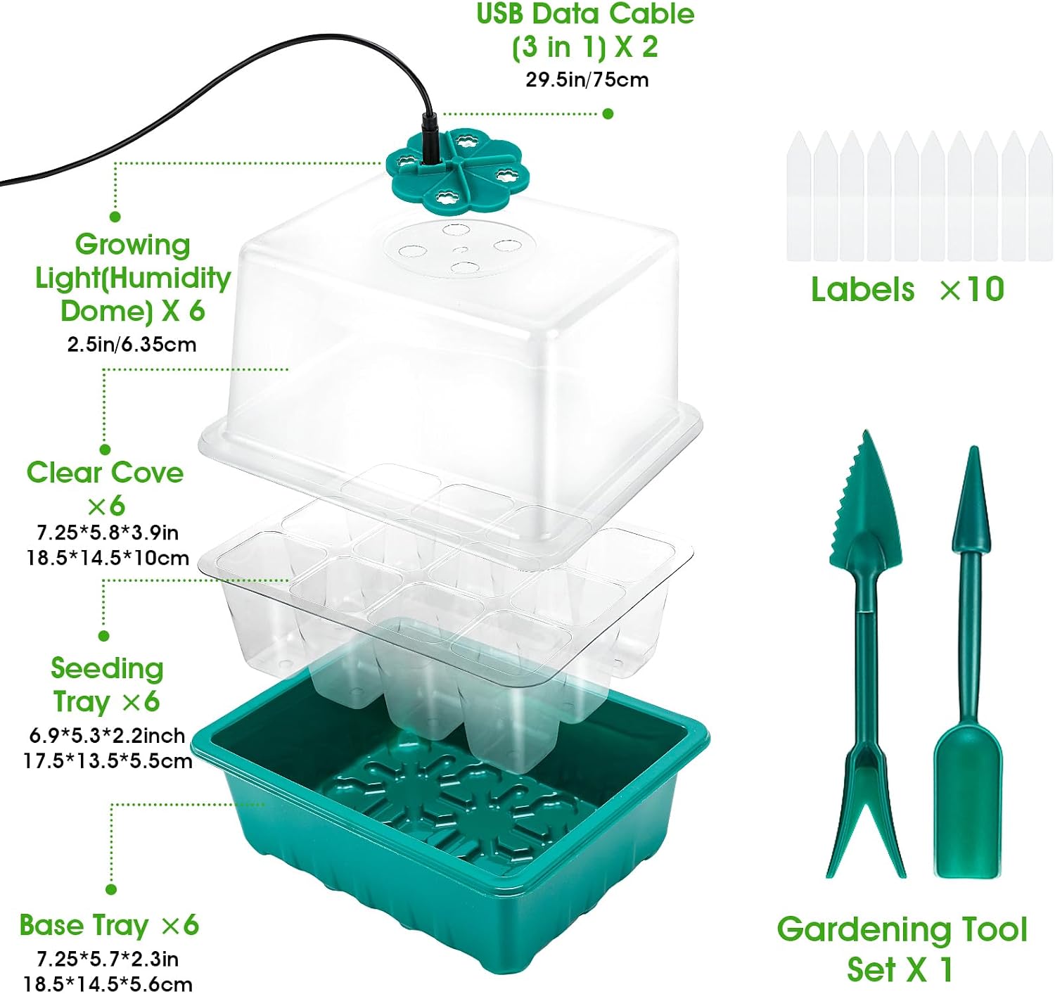 Seed Starter Tray with Grow Light, 6pcs Seed Starter Kits with Light and Adjustable Humidity Domes, Covers Height