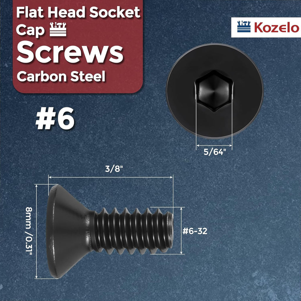 10Pcs #6-32x3/8 Flat Head Socket Cap Screw Countersunk Bolt