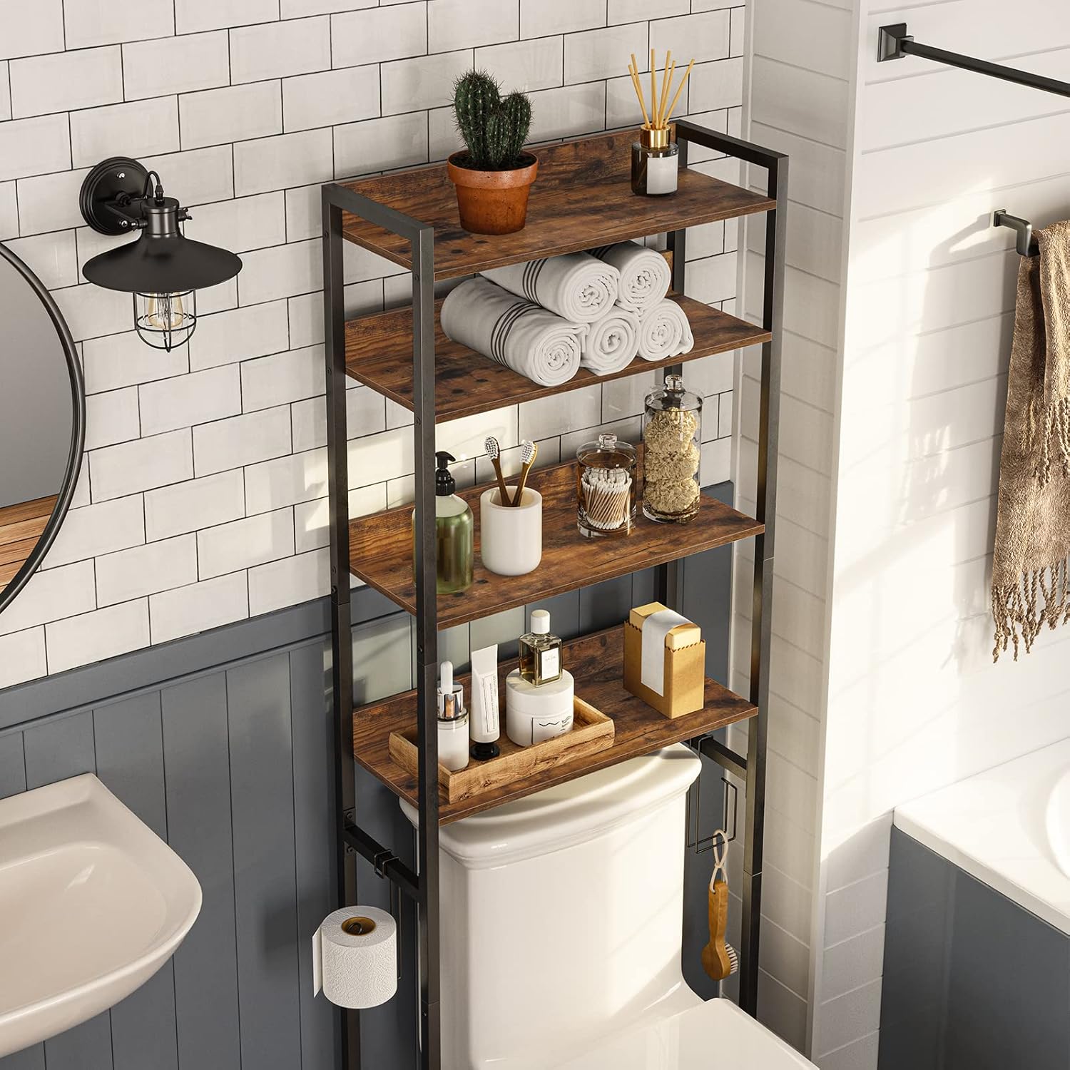 Over The Toilet Storage Rack, 4 Tier Bathroom Organizer Over Toilet, Freestanding Space Saver Toilet Stand with 2