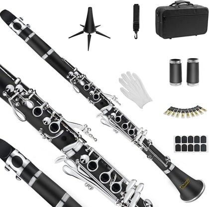Clarinet for Beginner Student Adults 17 Keys Bb Clarinet Set with 2 Barrels Hard Case 10 Reeds and Cleaning Kit