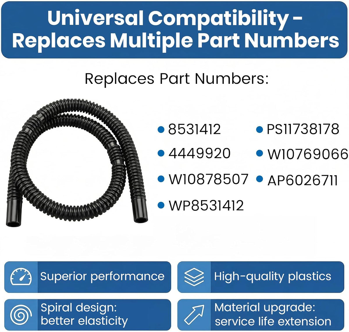 W10878507 Dishwasher Inlet Hose - 26-inch long dishwasher hose, compatible with Whirlpool, Kenmore, KitchenAid, and Maytag dishwashers. Replaces GU2300XTVT0, GU3200XTVY2, WDTA50SAHZ0
