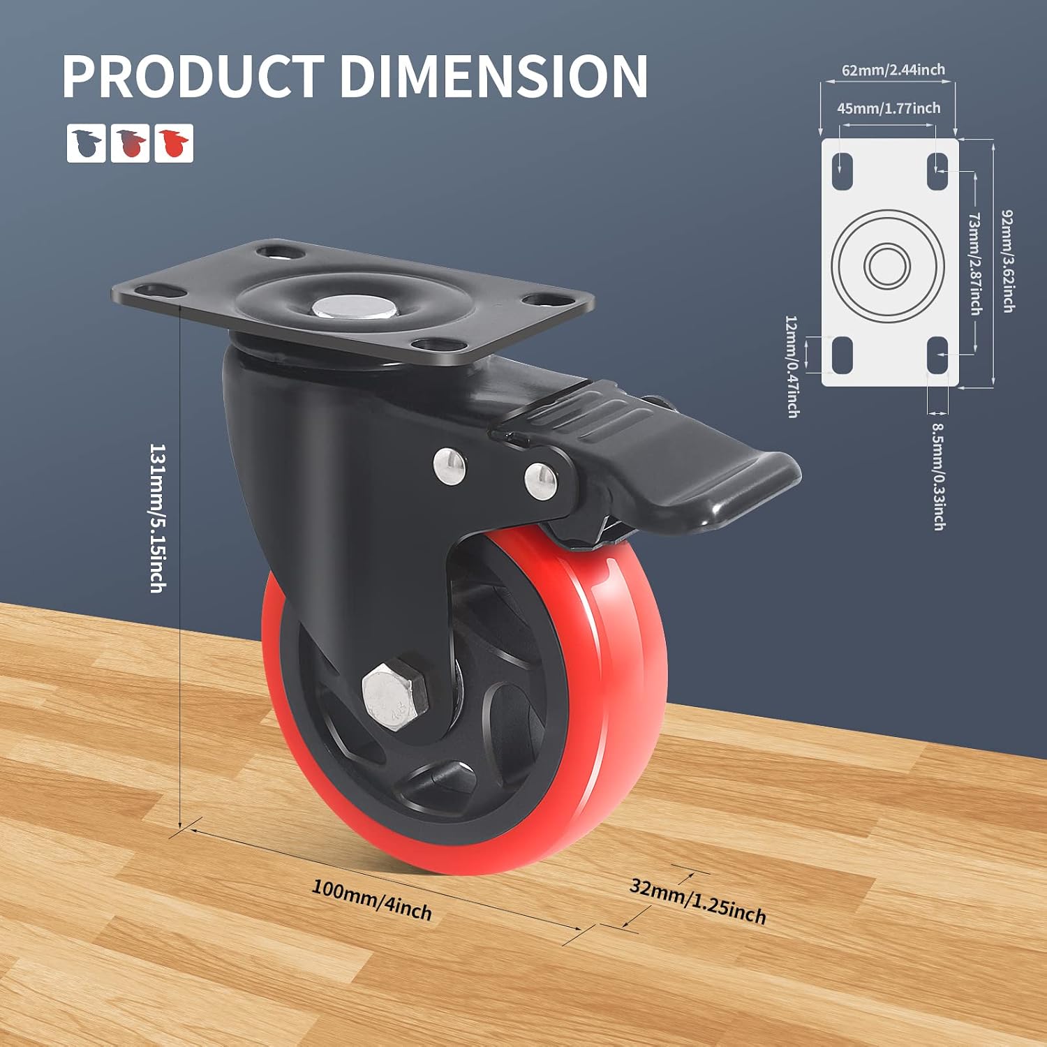 4" Swivel Caster with Brake, 4-Pack Heavy Duty Easily Handles 2000LBS, Safety Dual Locking Industrial Casters