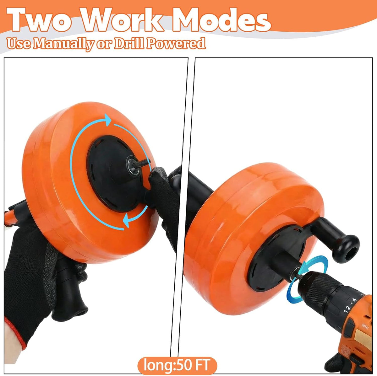50 Ft Drain Auger,Use Manually or Drill Powered 50 Foot Drain Snake,Heavy Duty Flexible Plumbing Snake,With Gloves